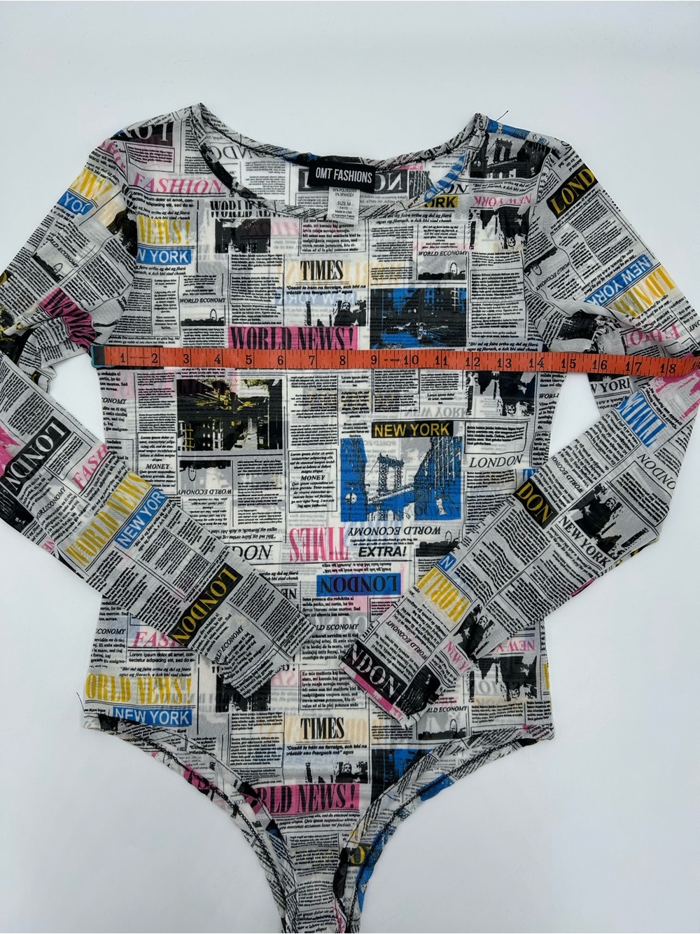 Newspaper Print Long-Sleeve Sheer Women’s Bodysuit M - Picture 4 of 7